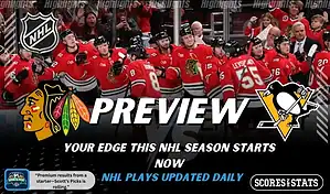 NHL preview graphic featuring Chicago Blackhawks and Pittsburgh Penguins logos with Blackhawks players celebrating on the bench and the word preview across the center