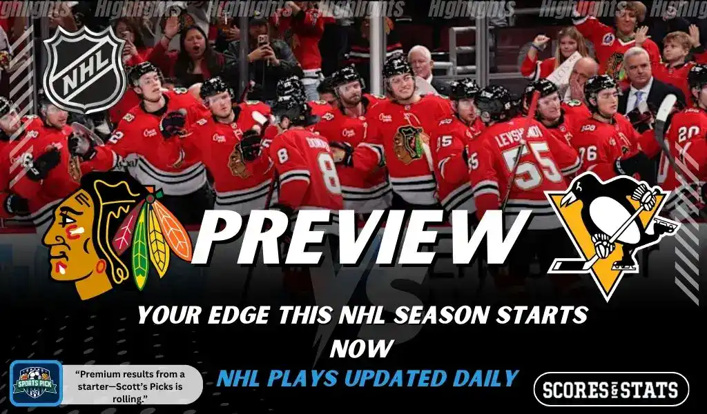 NHL preview graphic featuring Chicago Blackhawks and Pittsburgh Penguins logos with Blackhawks players celebrating on the bench and the word preview across the center