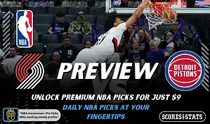 Portland Trail Blazers vs Detroit Pistons NBA preview graphic showing a Blazers player dunking with Trail Blazers and Pistons logos and Scores and Stats branding