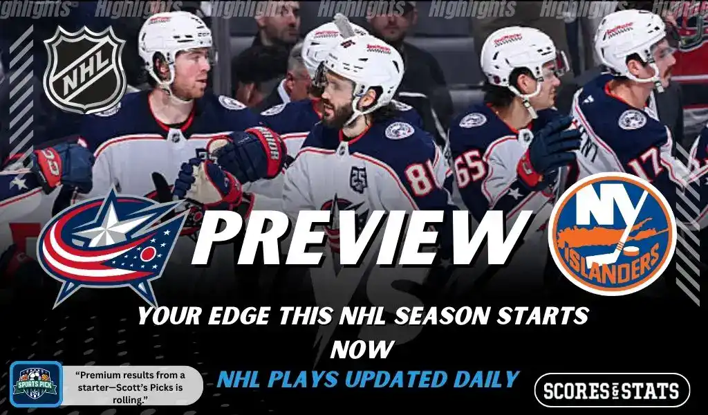 NHL preview graphic featuring Columbus Blue Jackets and New York Islanders logos with Blue Jackets players on the bench and the word preview across the center