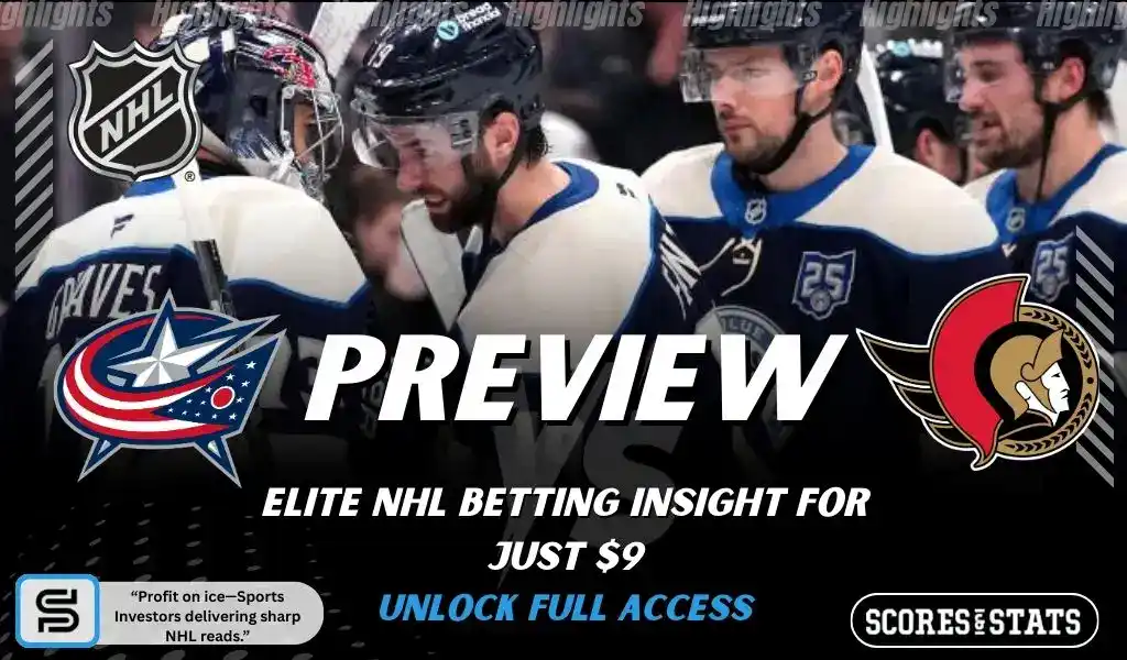 NHL preview graphic featuring Columbus Blue Jackets and Ottawa Senators logos with Blue Jackets players on the ice and the word preview across the center