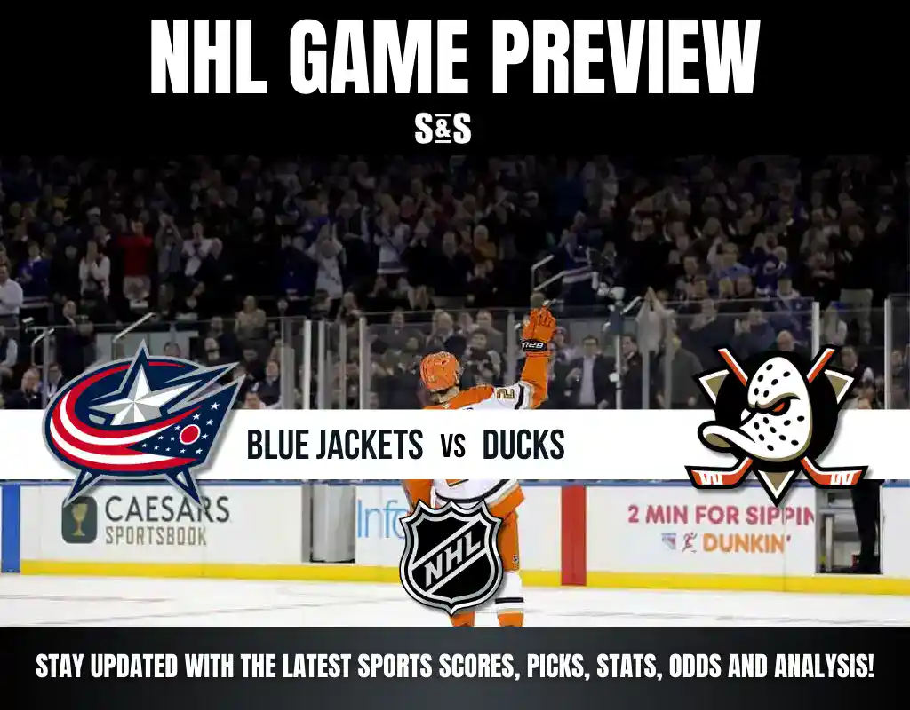 Previews 8 NHL game preview featuring Blue Jackets vs Ducks, with a cheering player and team logos prominently displayed.