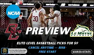 College basketball preview graphic featuring Boston College Eagles and Le Moyne Dolphins logos with Boston College players huddling on the court and the word preview across the center