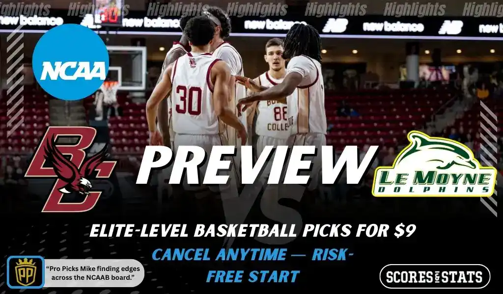 Previews 6 College basketball preview graphic featuring Boston College Eagles and Le Moyne Dolphins logos with Boston College players huddling on the court and the word preview across the center