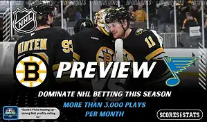 Boston Bruins and St Louis Blues featured in NHL preview graphic ahead of their upcoming matchup.