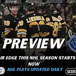 Home 20 Boston Bruins vs Vancouver Canucks NHL preview graphic showing Bruins players celebrating with Bruins and Canucks logos and Scores and Stats branding