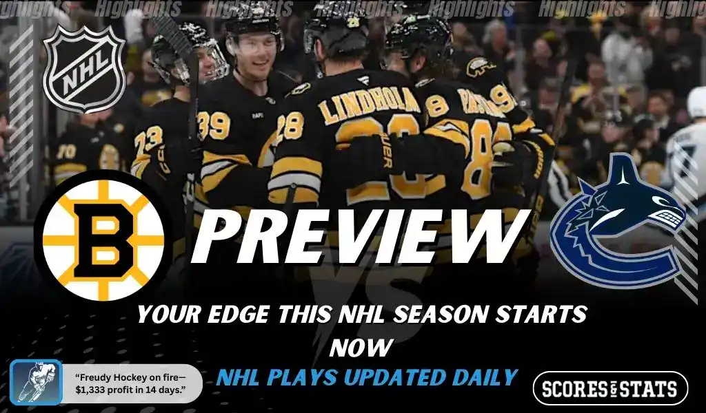 Boston Bruins vs Vancouver Canucks NHL preview graphic showing Bruins players celebrating with Bruins and Canucks logos and Scores and Stats branding