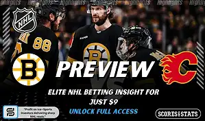 NHL preview graphic featuring Boston Bruins and Calgary Flames logos with Bruins players on the ice and the word preview across the center