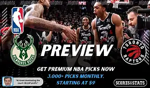 Milwaukee Bucks vs Toronto Raptors NBA game preview image showing Raptors players celebrating on the court with team logos displayed