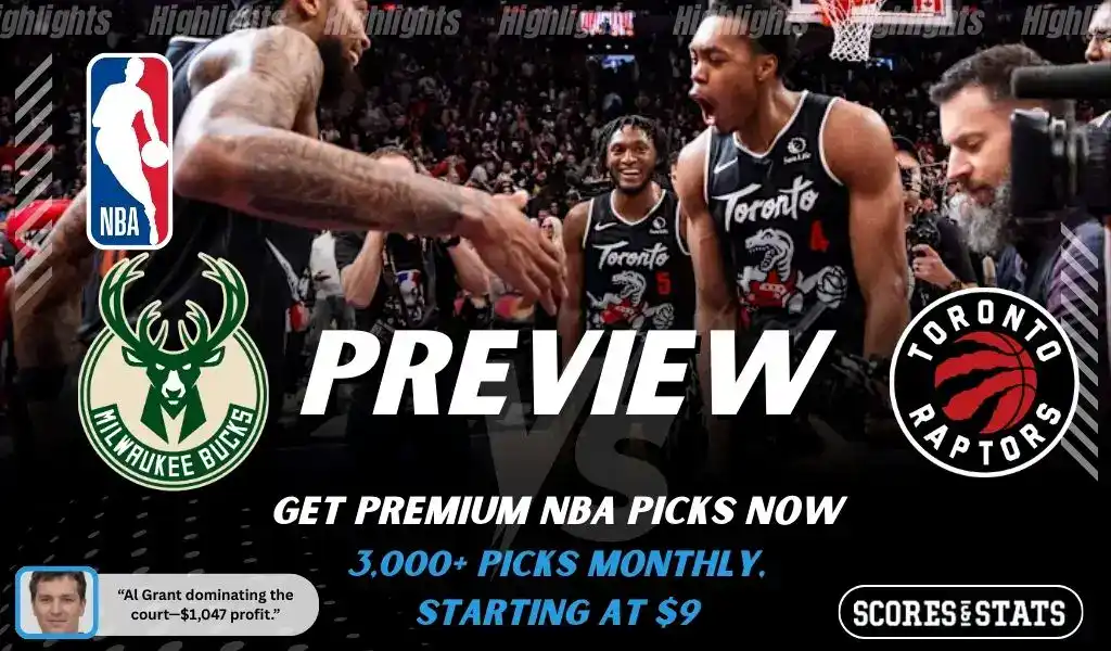 Previews 6 Milwaukee Bucks vs Toronto Raptors NBA game preview image showing Raptors players celebrating on the court with team logos displayed