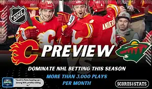Calgary Flames and Minnesota Wild featured in NHL preview graphic ahead of their upcoming matchup.