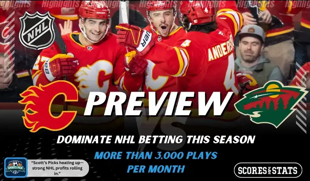 Calgary Flames and Minnesota Wild featured in NHL preview graphic ahead of their upcoming matchup.