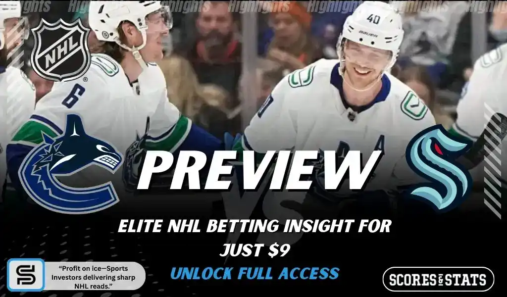 NHL preview graphic featuring Vancouver Canucks and Seattle Kraken logos with Canucks players on the ice and the word preview across the center