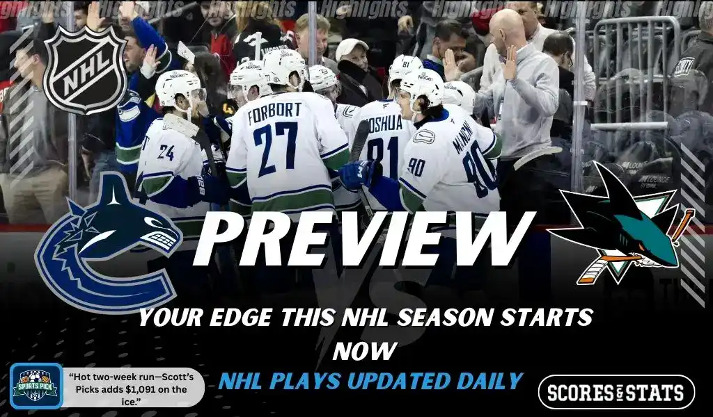 Previews 8 NHL preview graphic showing Vancouver Canucks and San Jose Sharks logos with players celebrating on the ice and the word preview across the center
