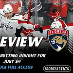 Inicio 15 NHL preview graphic featuring Washington Capitals and Florida Panthers logos with Capitals players celebrating on the ice and the word preview across the center