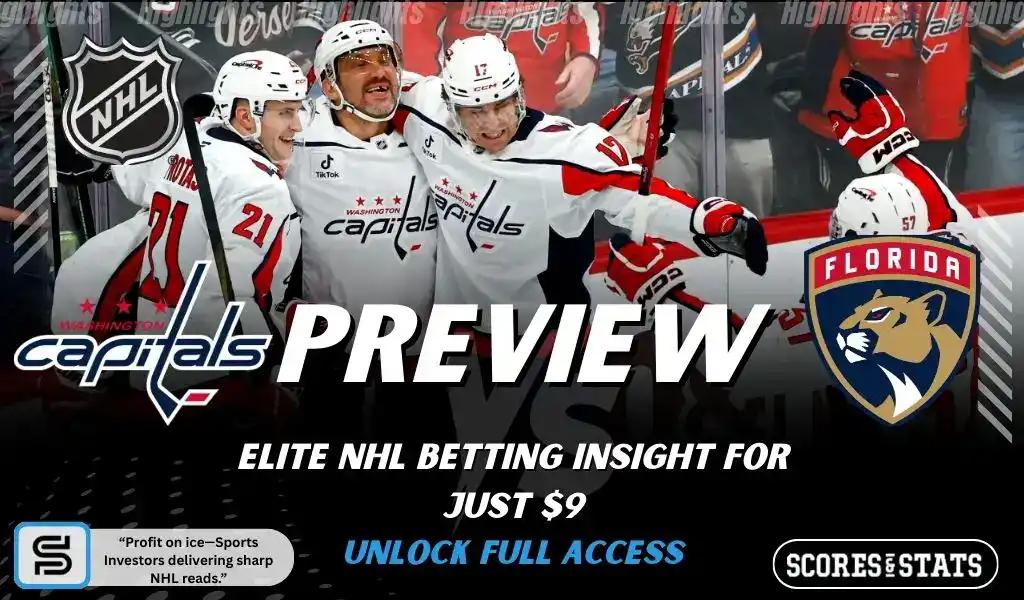 NHL preview graphic featuring Washington Capitals and Florida Panthers logos with Capitals players celebrating on the ice and the word preview across the center