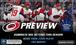 Carolina Hurricanes and Toronto Maple Leafs shown in NHL preview graphic ahead of their upcoming matchup.