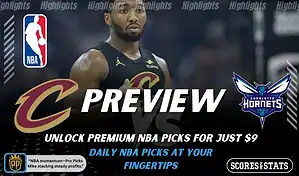 Cleveland Cavaliers vs Charlotte Hornets NBA preview graphic featuring a Cavaliers player with Cavaliers and Hornets logos and Scores and Stats branding