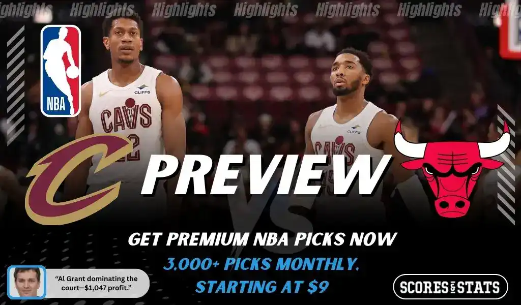 Cleveland Cavaliers vs Chicago Bulls NBA game preview image featuring Cavaliers players on the court with Bulls logo displayed