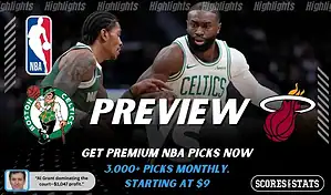 Boston Celtics vs Miami Heat NBA preview graphic showing two players with Celtics and Heat logos and Scores and Stats branding