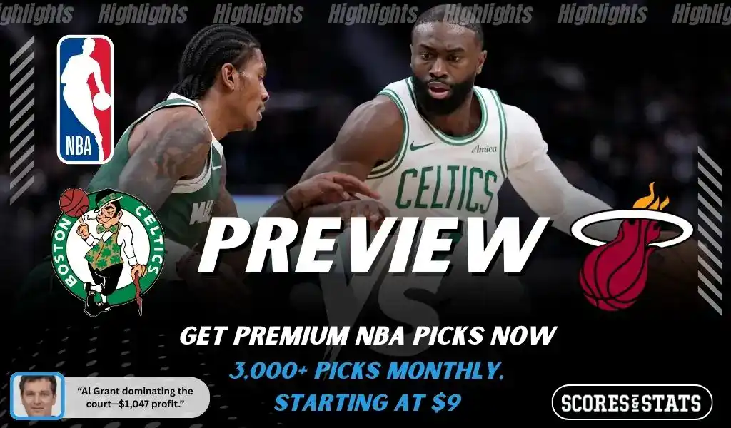 Boston Celtics vs Miami Heat NBA preview graphic showing two players with Celtics and Heat logos and Scores and Stats branding