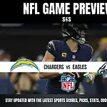 Home 26 NFL game preview featuring the Chargers vs Eagles, highlighting team logos and stats, with a focus on exciting gameplay.