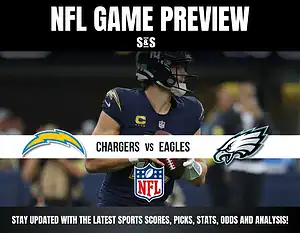 NFL game preview featuring the Chargers vs Eagles, highlighting team logos and stats, with a focus on exciting gameplay.