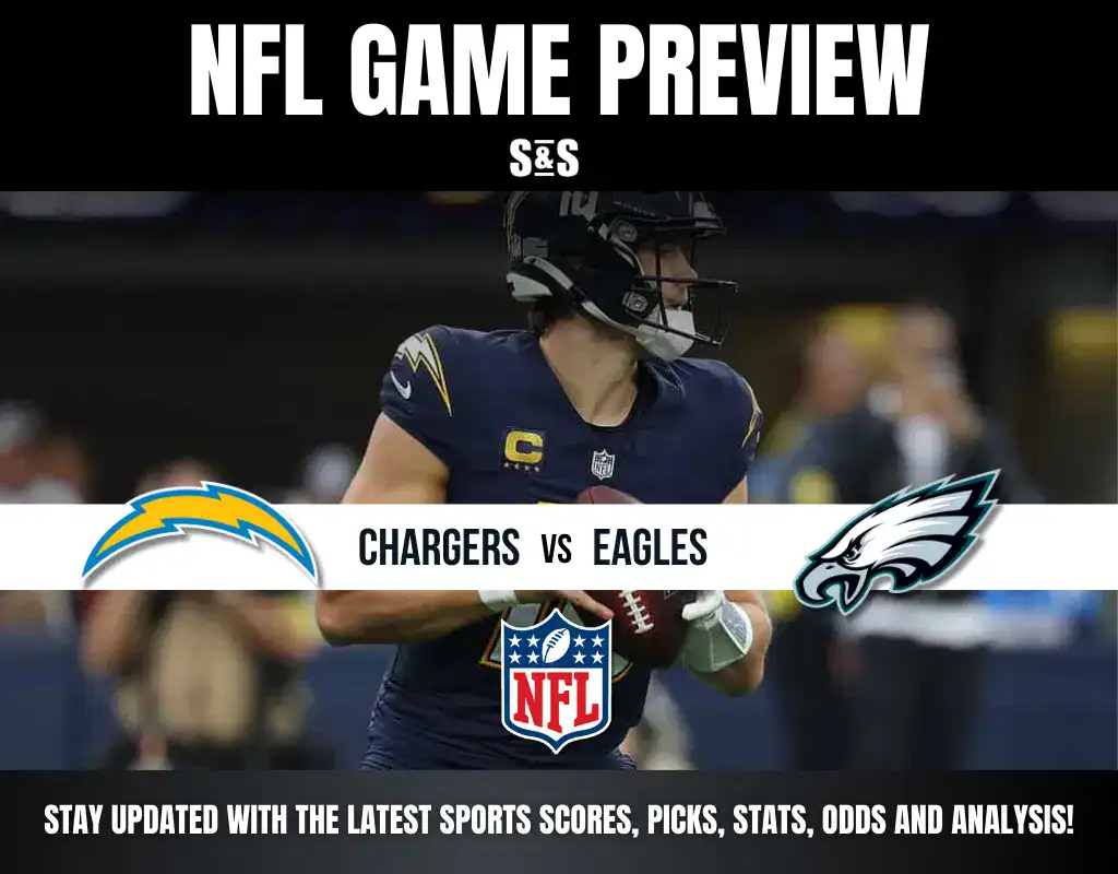 NFL game preview featuring the Chargers vs Eagles, highlighting team logos and stats, with a focus on exciting gameplay.