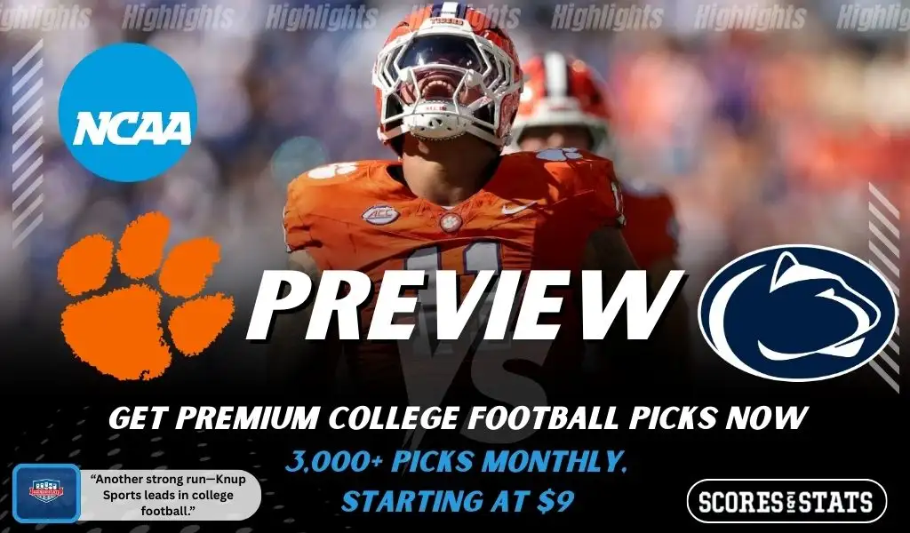 Clemson Tigers vs Penn State Nittany Lions college football preview graphic showing a Clemson player with Clemson and Penn State logos and Scores and Stats branding