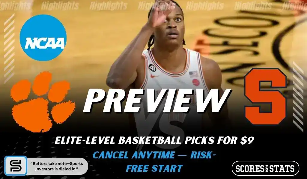 College basketball preview graphic featuring Clemson Tigers and Syracuse Orange logos with a player on the court and the word preview across the center