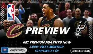 Cleveland Cavaliers and San Antonio Spurs featured in NBA preview graphic ahead of their upcoming matchup.