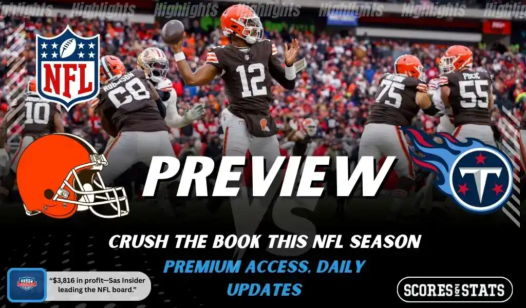 2 Cleveland Browns and Tennessee Titans featured in NFL preview graphic ahead of their upcoming matchup.