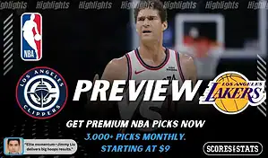 LA Clippers vs Los Angeles Lakers NBA preview graphic featuring a Clippers player with Clippers and Lakers logos and Scores and Stats branding