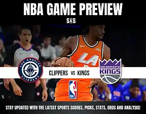 NBA game preview featuring the Clippers vs. Kings, with a player dribbling a basketball in a vibrant orange jersey.