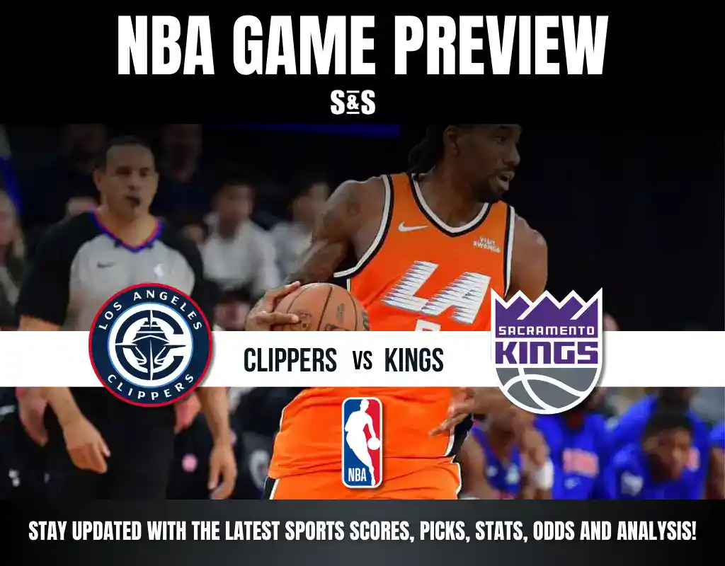 NBA game preview featuring the Clippers vs. Kings, with a player dribbling a basketball in a vibrant orange jersey.