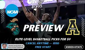 Coastal Carolina Chanticleers vs Appalachian State Mountaineers NCAA basketball game preview image featuring Chanticleers player finishing at the rim with team logos displayed