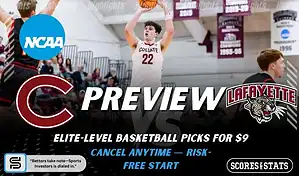 College basketball preview graphic featuring Colgate Raiders and Lafayette Leopards logos with a Colgate player shooting and the word preview across the center