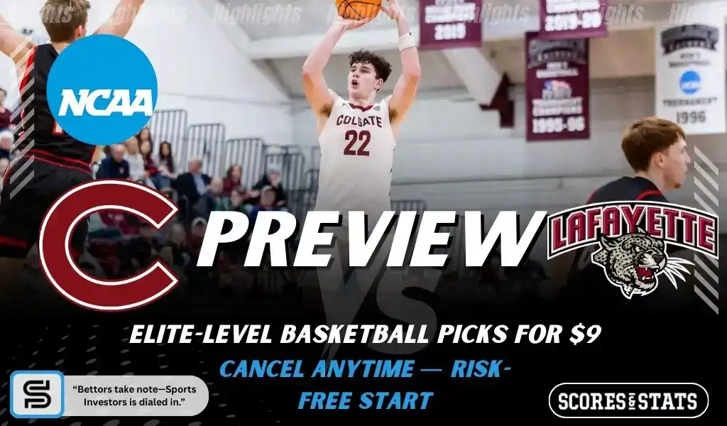 College basketball preview graphic featuring Colgate Raiders and Lafayette Leopards logos with a Colgate player shooting and the word preview across the center