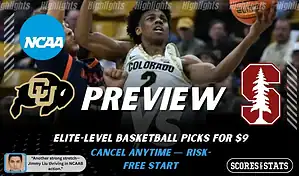 Colorado Buffaloes vs Stanford Cardinal NCAA basketball preview graphic featuring a Colorado player driving to the basket with Colorado and Stanford logos and Scores and Stats branding