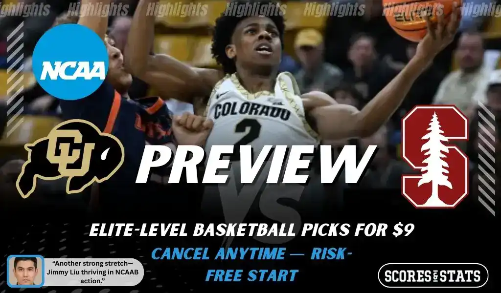 Colorado Buffaloes vs Stanford Cardinal NCAA basketball preview graphic featuring a Colorado player driving to the basket with Colorado and Stanford logos and Scores and Stats branding