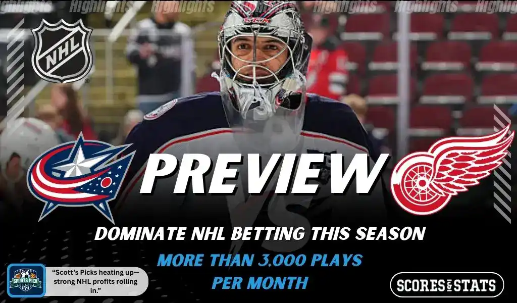 Columbus Blue Jackets and Detroit Red Wings featured in NHL preview graphic ahead of their upcoming matchup.