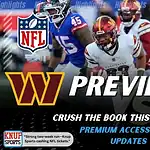 Home 28 Washington Commanders vs Philadelphia Eagles NFL game preview image showing Commanders players advancing the ball with Eagles defenders and team logos displayed