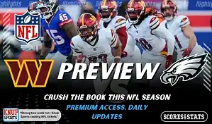 Washington Commanders vs Philadelphia Eagles NFL game preview image showing Commanders players advancing the ball with Eagles defenders and team logos displayed