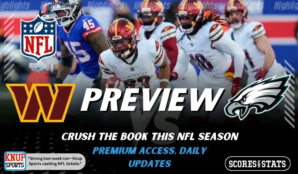 1 Washington Commanders vs Philadelphia Eagles NFL game preview image showing Commanders players advancing the ball with Eagles defenders and team logos displayed