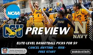 Coppin State Eagles vs Navy Midshipmen NCAA basketball preview graphic showing Coppin State players celebrating with team logos and Scores and Stats branding