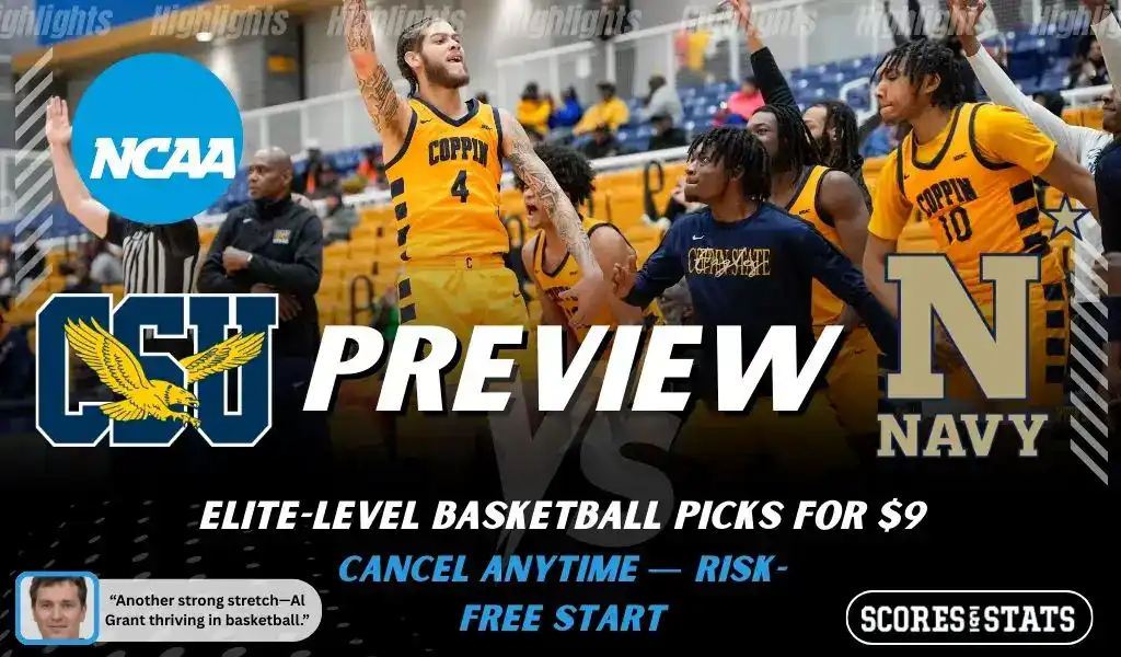 Coppin State Eagles vs Navy Midshipmen NCAA basketball preview graphic showing Coppin State players celebrating with team logos and Scores and Stats branding