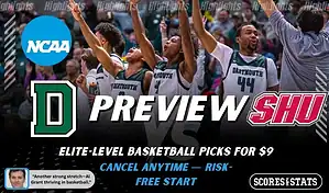 Dartmouth Big Green vs Sacred Heart Pioneers NCAA basketball preview graphic showing Dartmouth players celebrating with Big Green and Sacred Heart logos and Scores and Stats branding