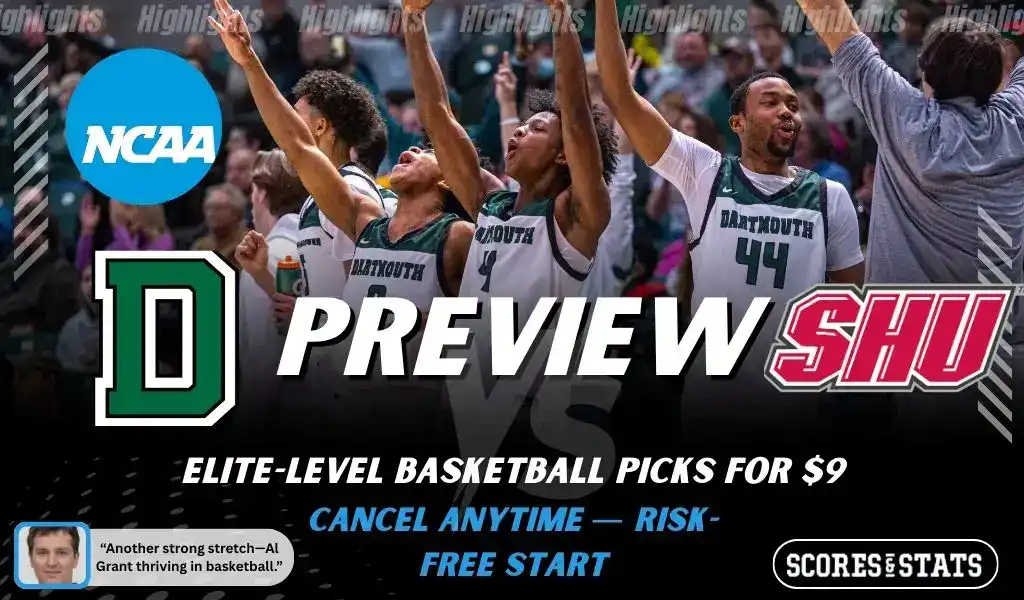 Dartmouth Big Green vs Sacred Heart Pioneers NCAA basketball preview graphic showing Dartmouth players celebrating with Big Green and Sacred Heart logos and Scores and Stats branding