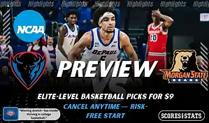 DePaul Blue Demons and Morgan State Bears featured in NCAA basketball preview graphic ahead of their upcoming matchup.