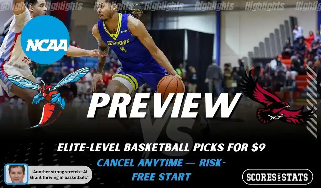 Previews 7 Delaware State Hornets vs Saint Josephs Hawks NCAA basketball game preview image featuring Delaware State player dribbling the ball with team logos displayed